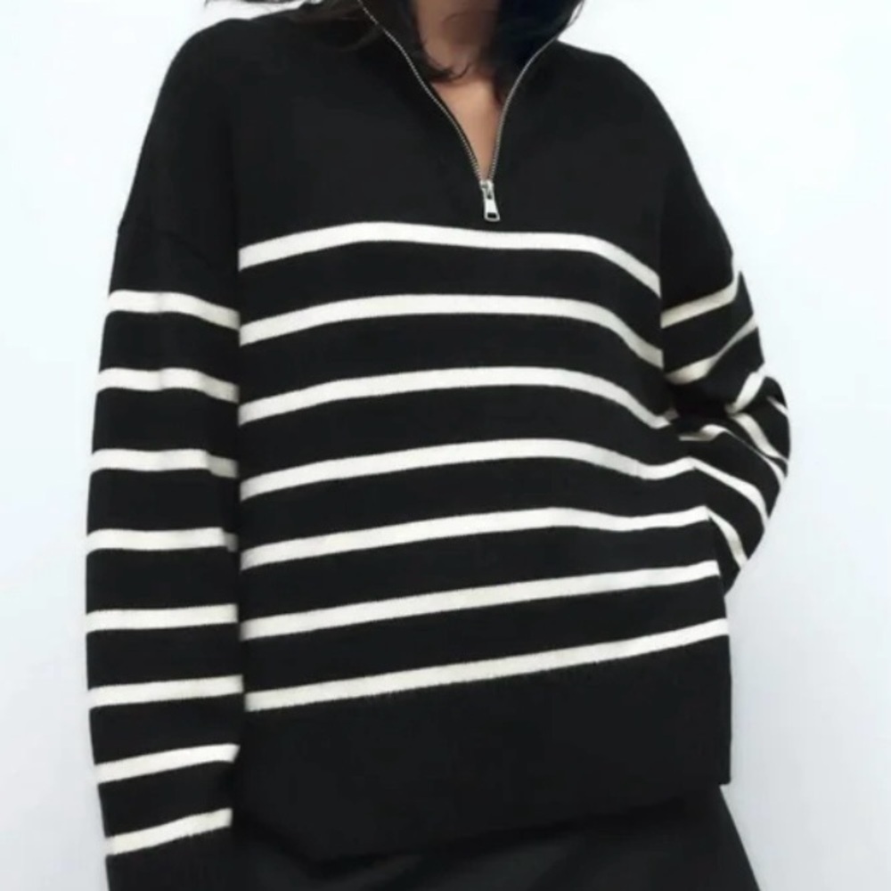 🆕 Zara Breton Striped Marinière Sweater 1/4 Zip Parisian Chic Black Ivory S/M